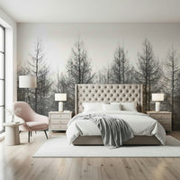 Minimal winter scene mural for apartment bedroom, calm palette, simple feature wall