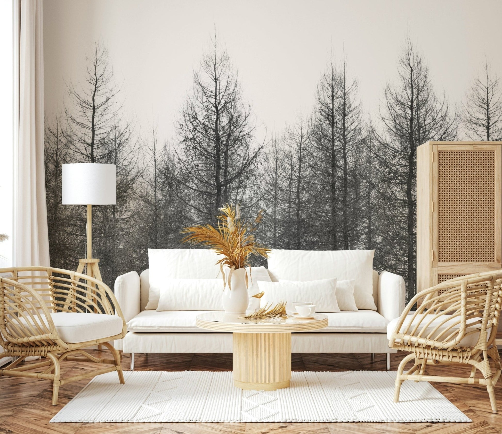 Winter's Edge Wall Mural on bedroom feature wall, soft greys and whites, serene mood