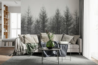 Winter landscape mural in modern living room, cool blue-white tones, calm wall decor