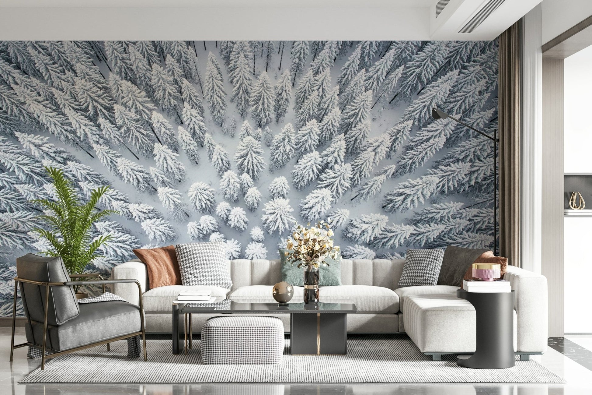 Icy lake winter wallpaper in living room, modern décor with cool color palette