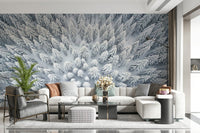 Icy lake winter wallpaper in living room, modern décor with cool color palette