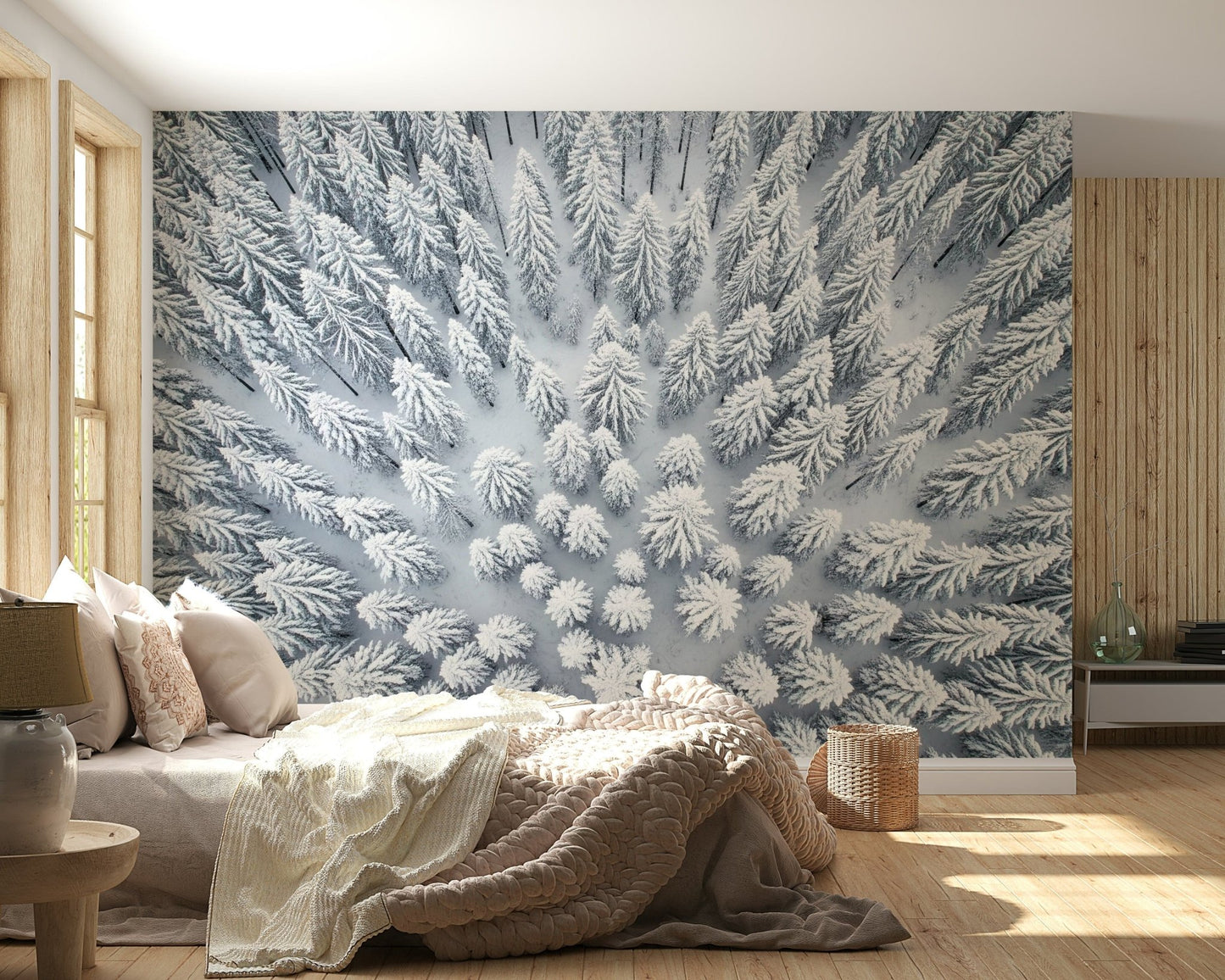 Minimal winter trees wall mural in apartment hallway, modern wall decor accent