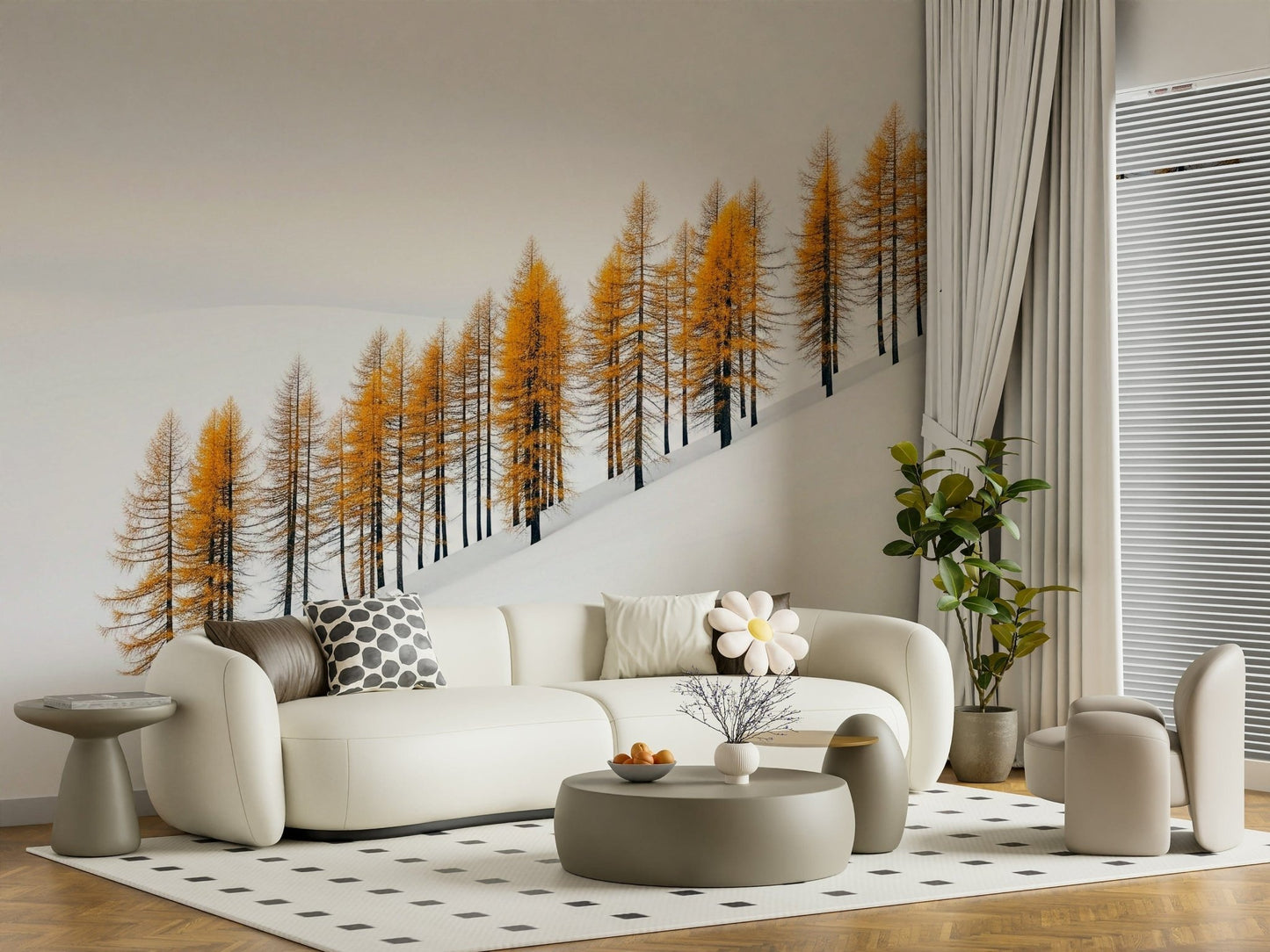 Misty winter trees with golden glow mural for modern dining room wall