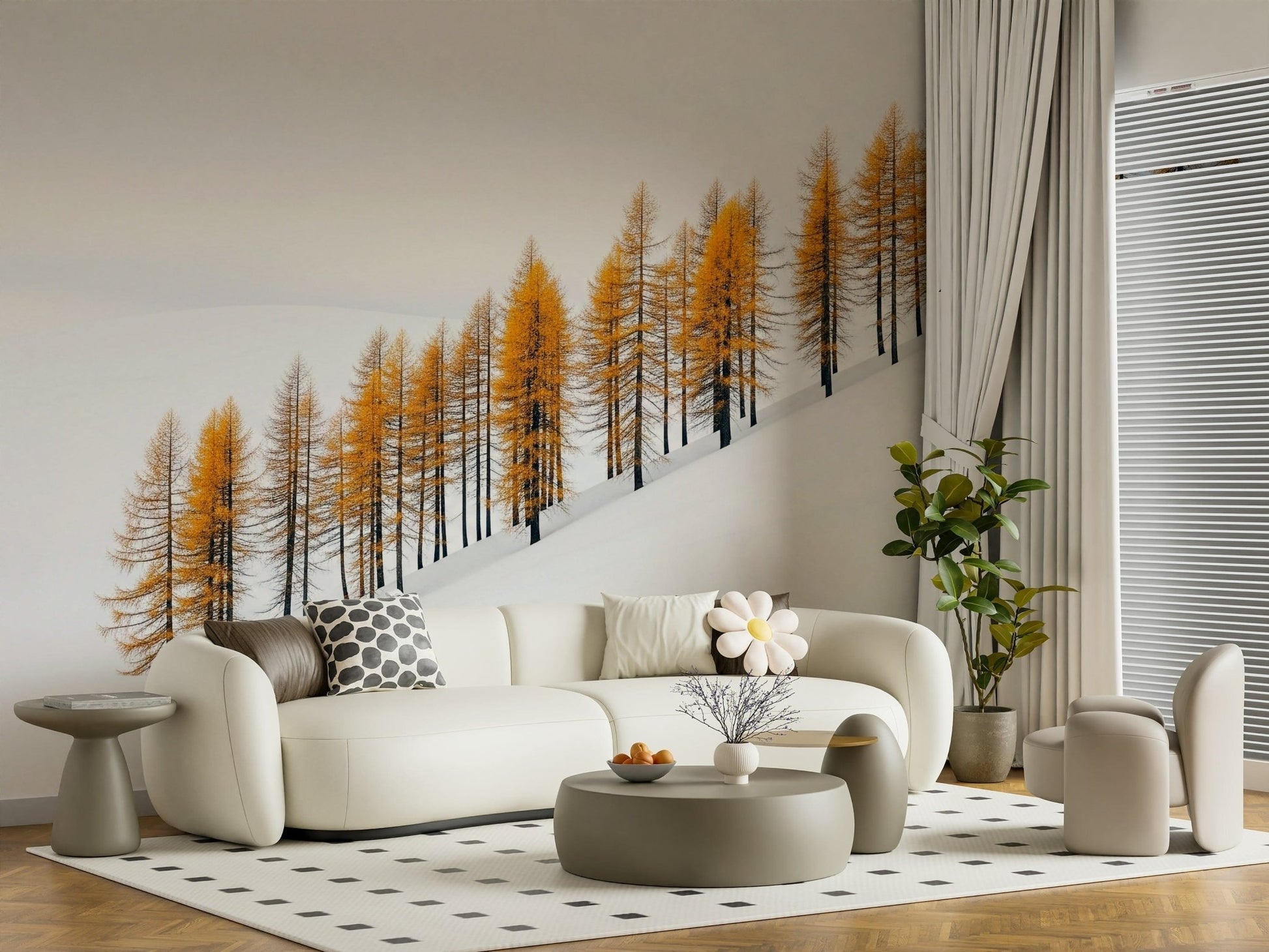 Misty winter trees with golden glow mural for modern dining room wall