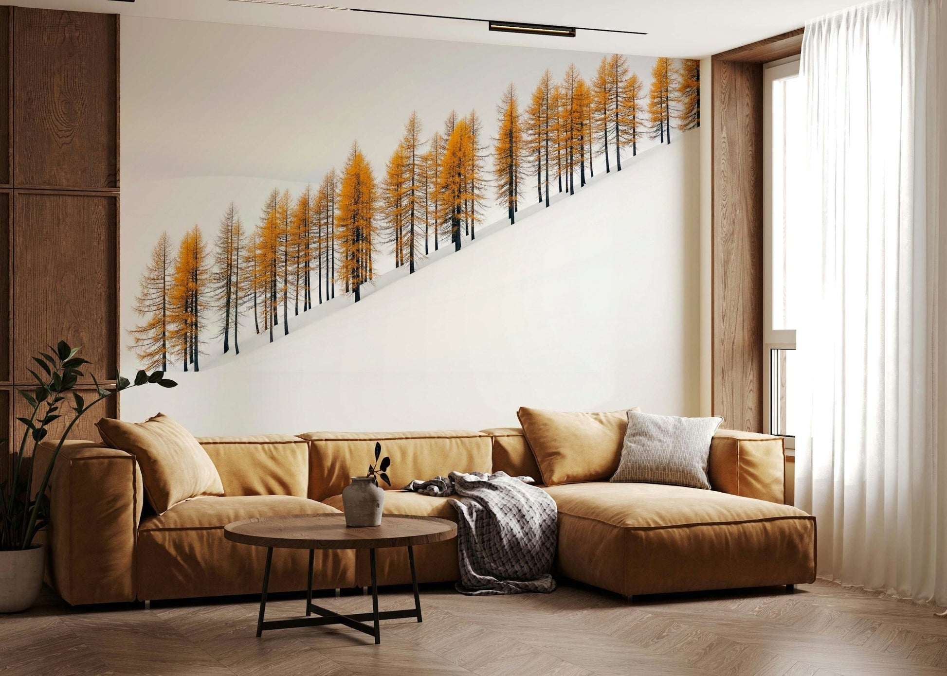 Winter landscape in warm gold tones, minimalist apartment wall decor