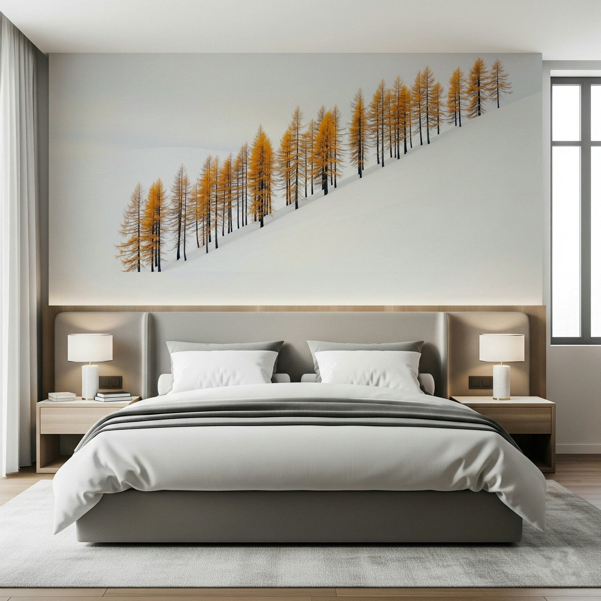 Winter’s Gold Wall Mural in cozy reading nook, soft gold color palette