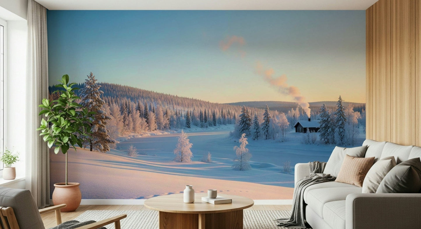Winter's Light Cabin Wall Mural behind sofa, snow scene with warm cabin lights