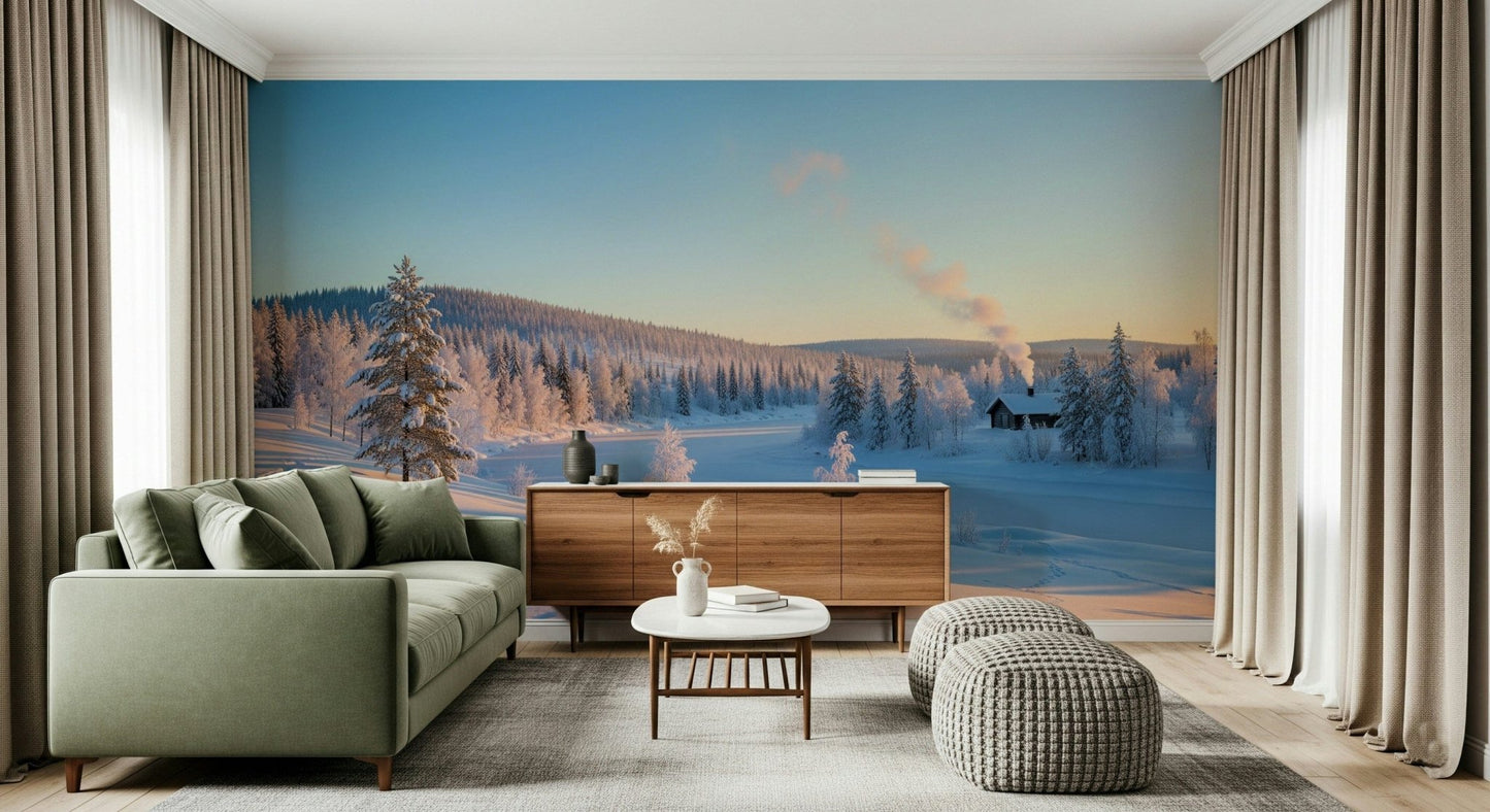 Frosted pine trees and cabin wallpaper in apartment lounge, calm modern wall decor