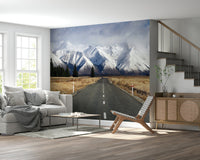 Winter road wall mural in office reception, clean winter landscape, neutral and modern style