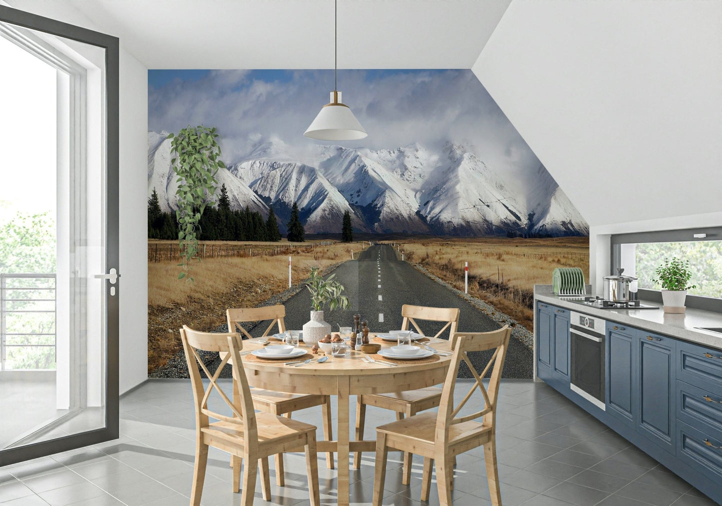 Icy road and pine trees wallpaper mural in home office, serene winter scene, feature wall