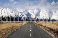 Snowy lane wallpaper mural in bedroom, soft winter light, calm wall decor