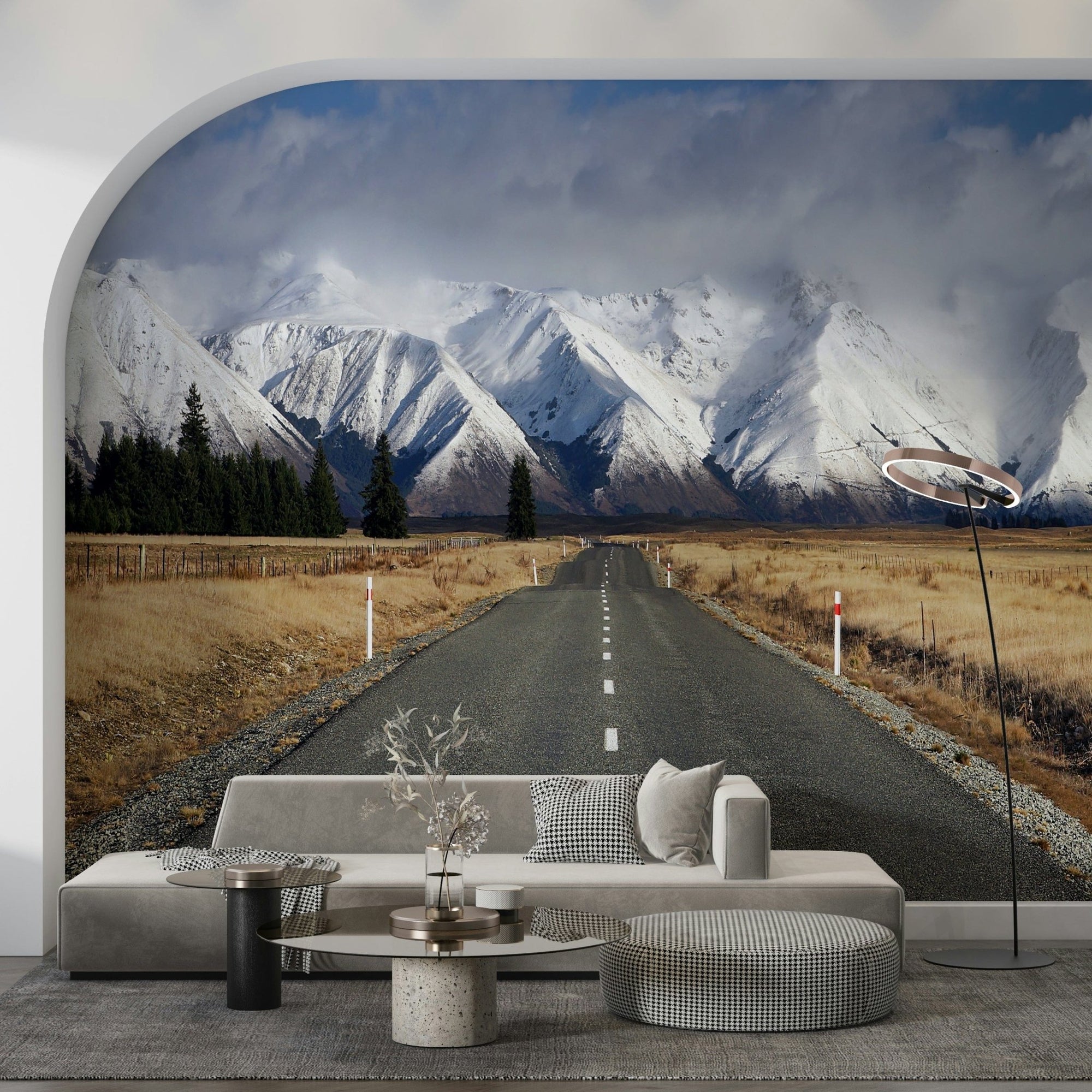 Winter road wall mural in modern living room, snowy trees, cool color tones, feature wall decor