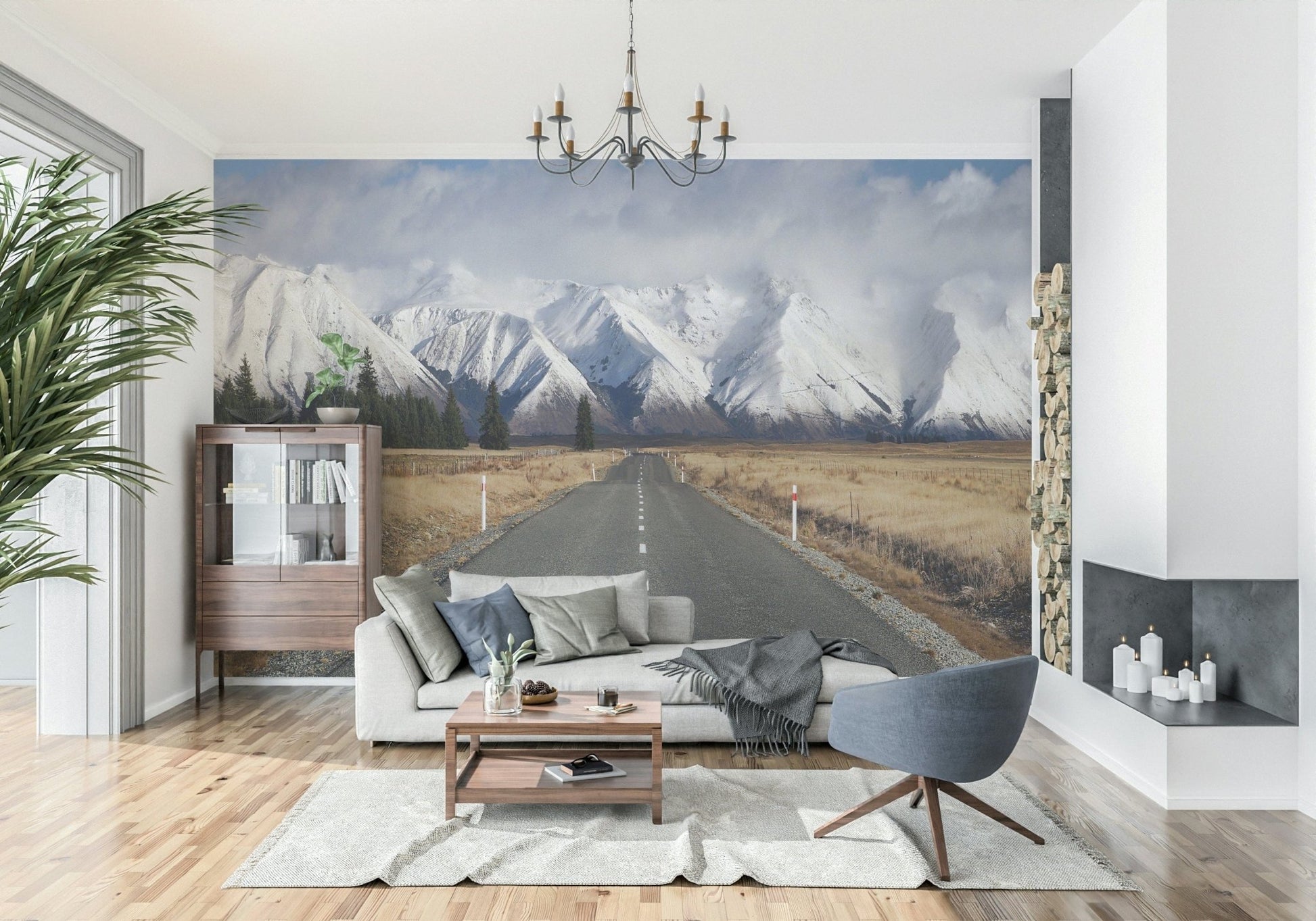 Winter forest road wall mural in bedroom behind bed, soft gray and white tones, modern decor