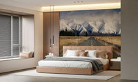 Winter's Road Wall Mural in living room, snowy lane and trees, cool-toned modern wall decor