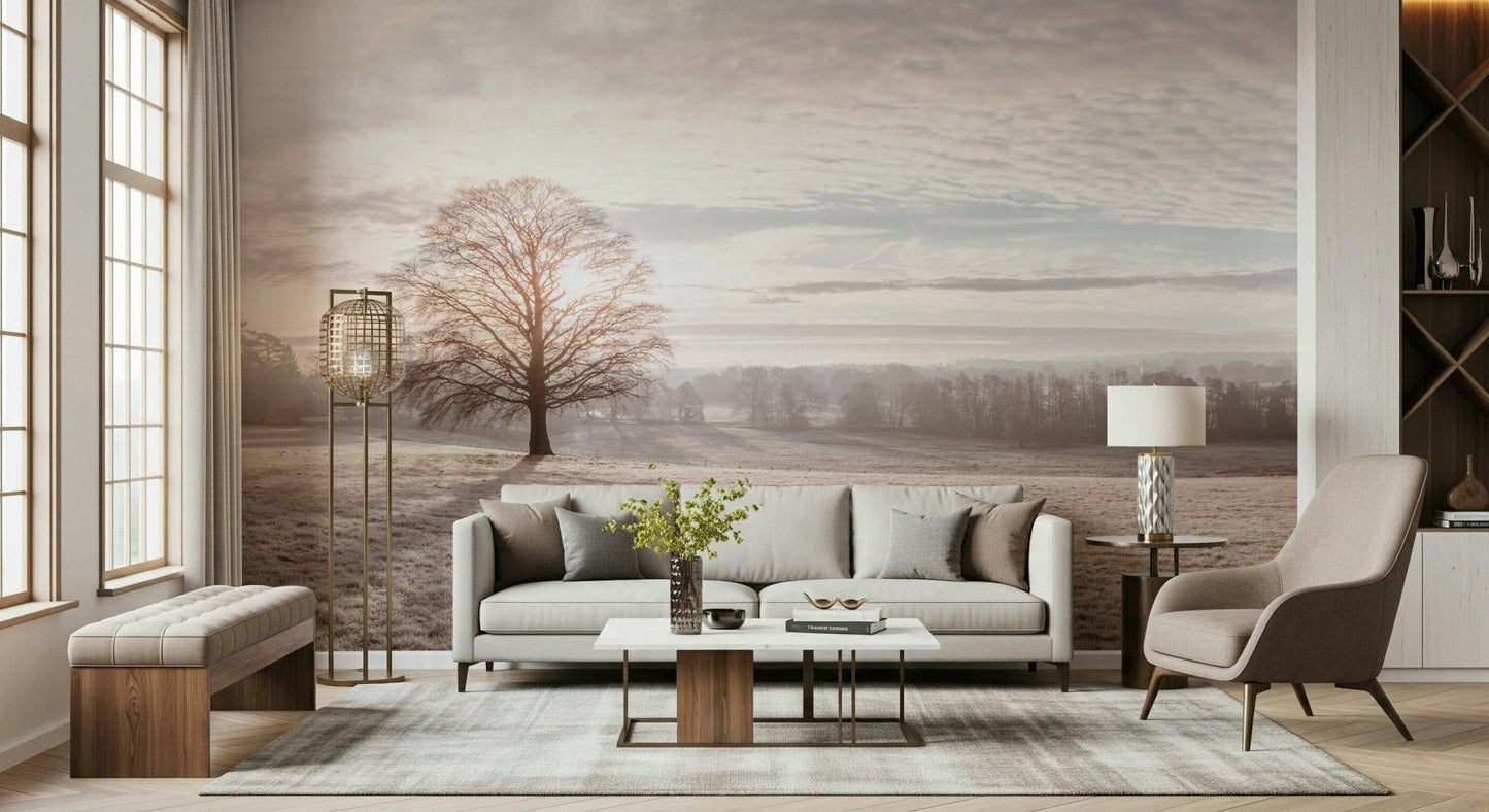 Bedroom headboard wall with frosty trees mural, soft light and modern look