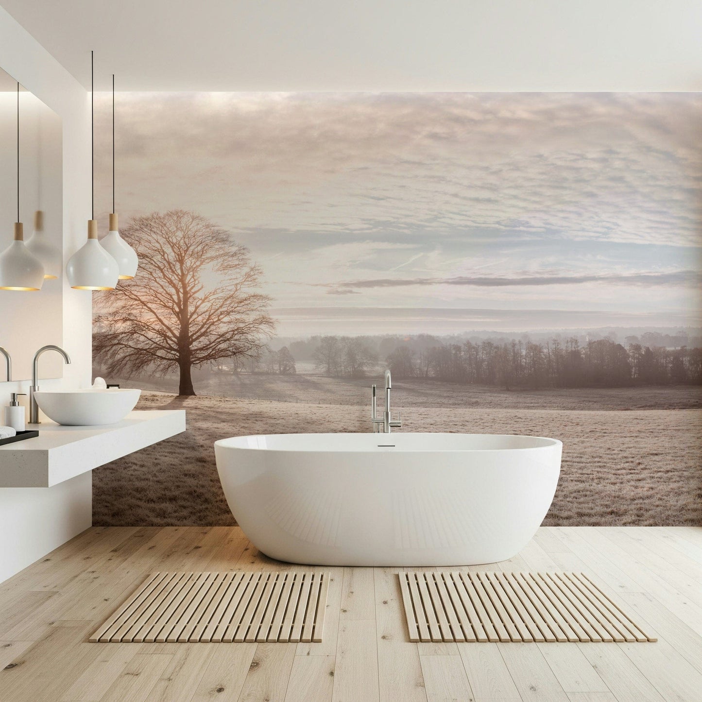 Neutral hallway feature wall with misty snow trees mural, soft light finish