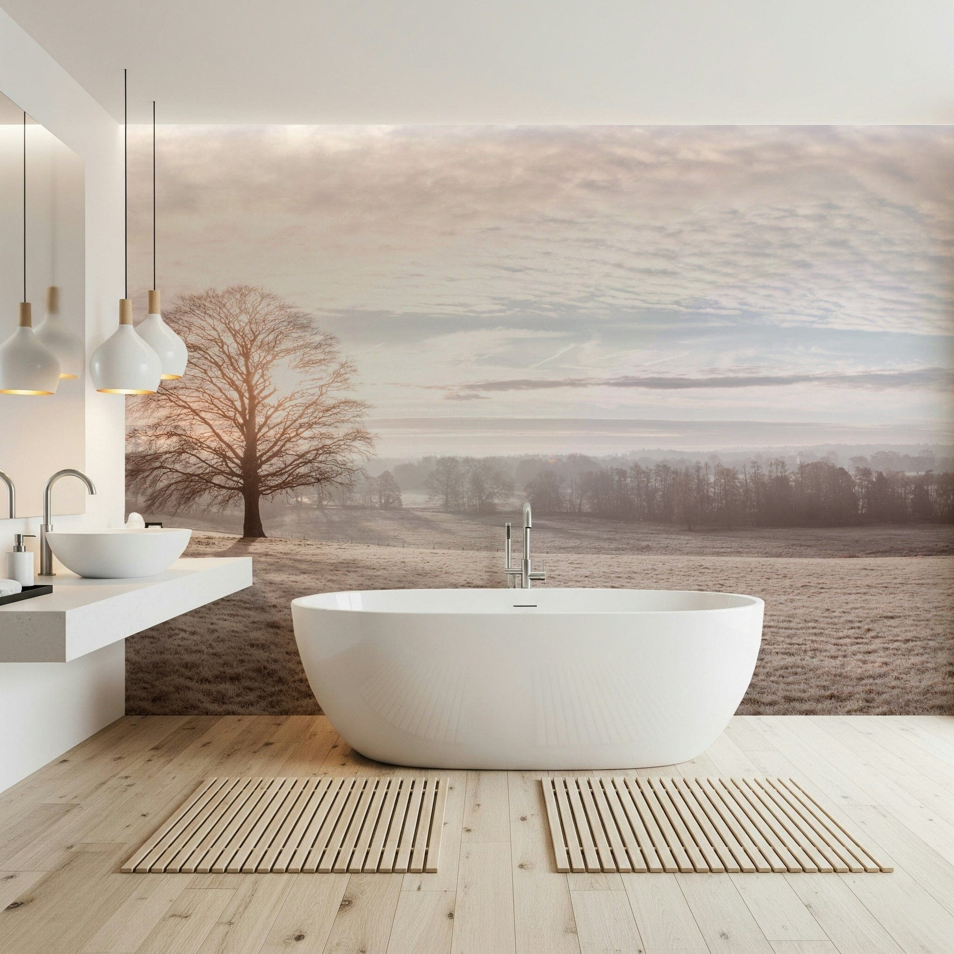 Neutral hallway feature wall with misty snow trees mural, soft light finish