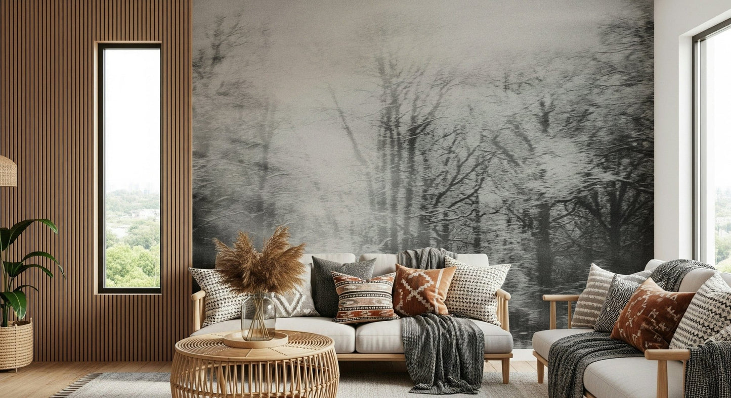 Modern apartment bedroom featuring a winter themed feature wall in cool tones