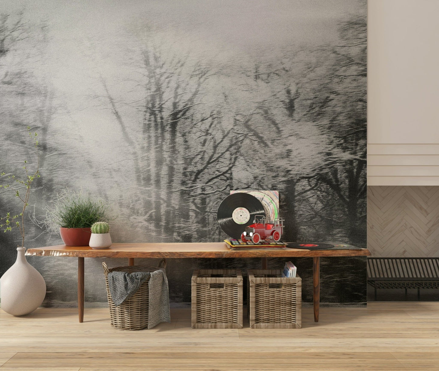 Winter's Whisper Wall Mural used as a backdrop in a quiet home office