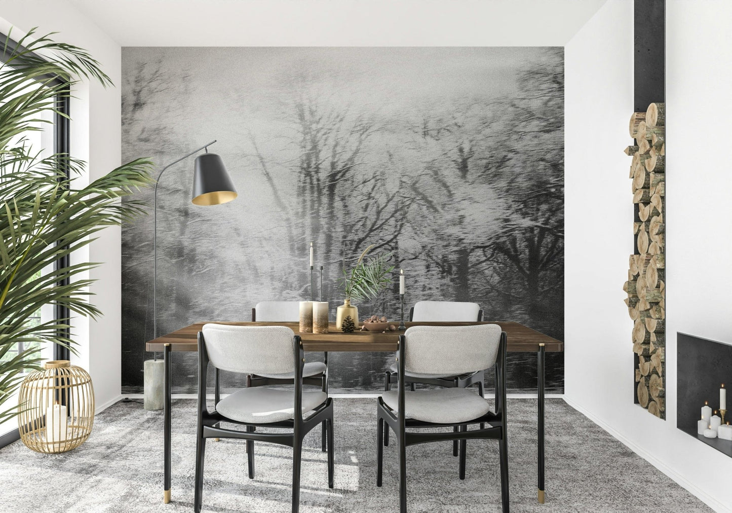 Large scale snowy forest wallpaper for a spacious open plan living area