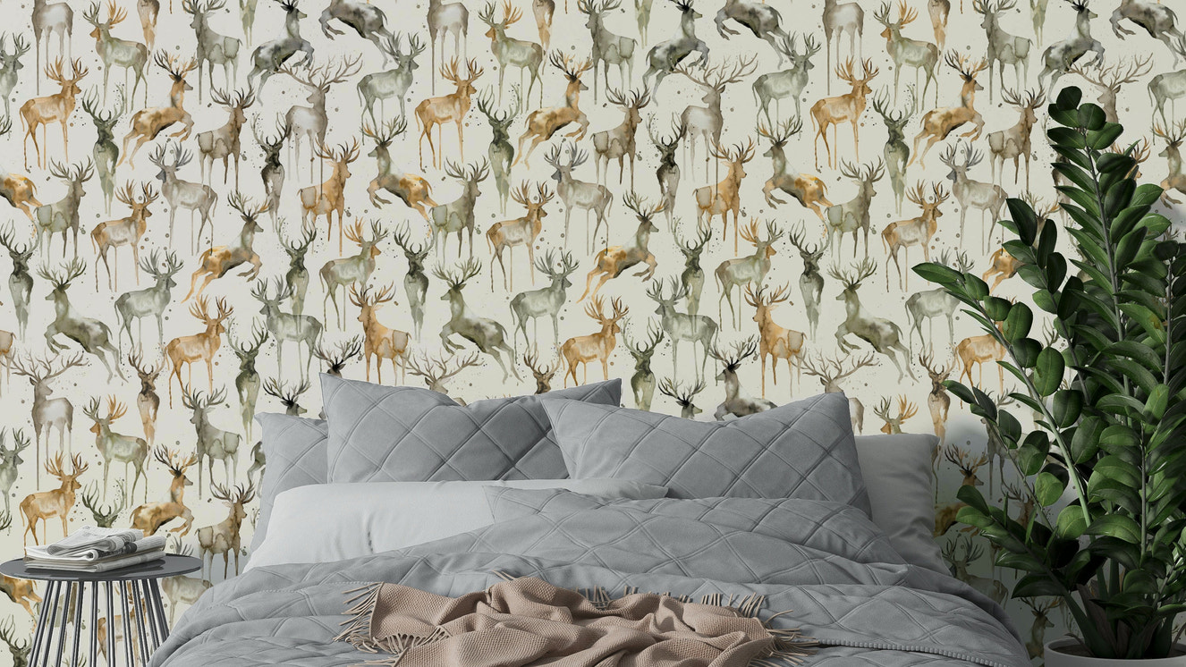 Artistic deer mural in beige and cocoa tones for a classic master bedroom feature wall.