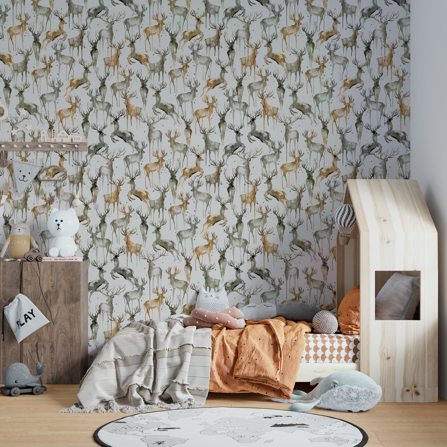 Hand-drawn woodland home décor in a quiet study featuring neutral earth tones.