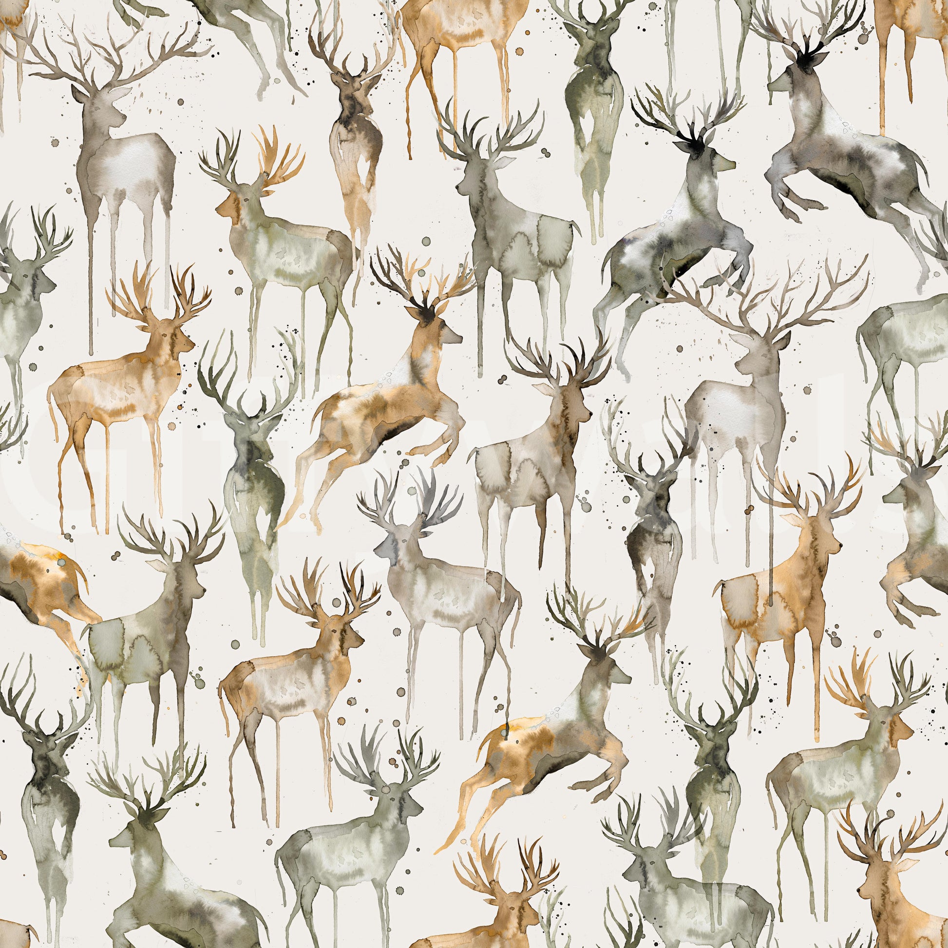Earthy forest mural with artistic deer sketches for a refined living space.
