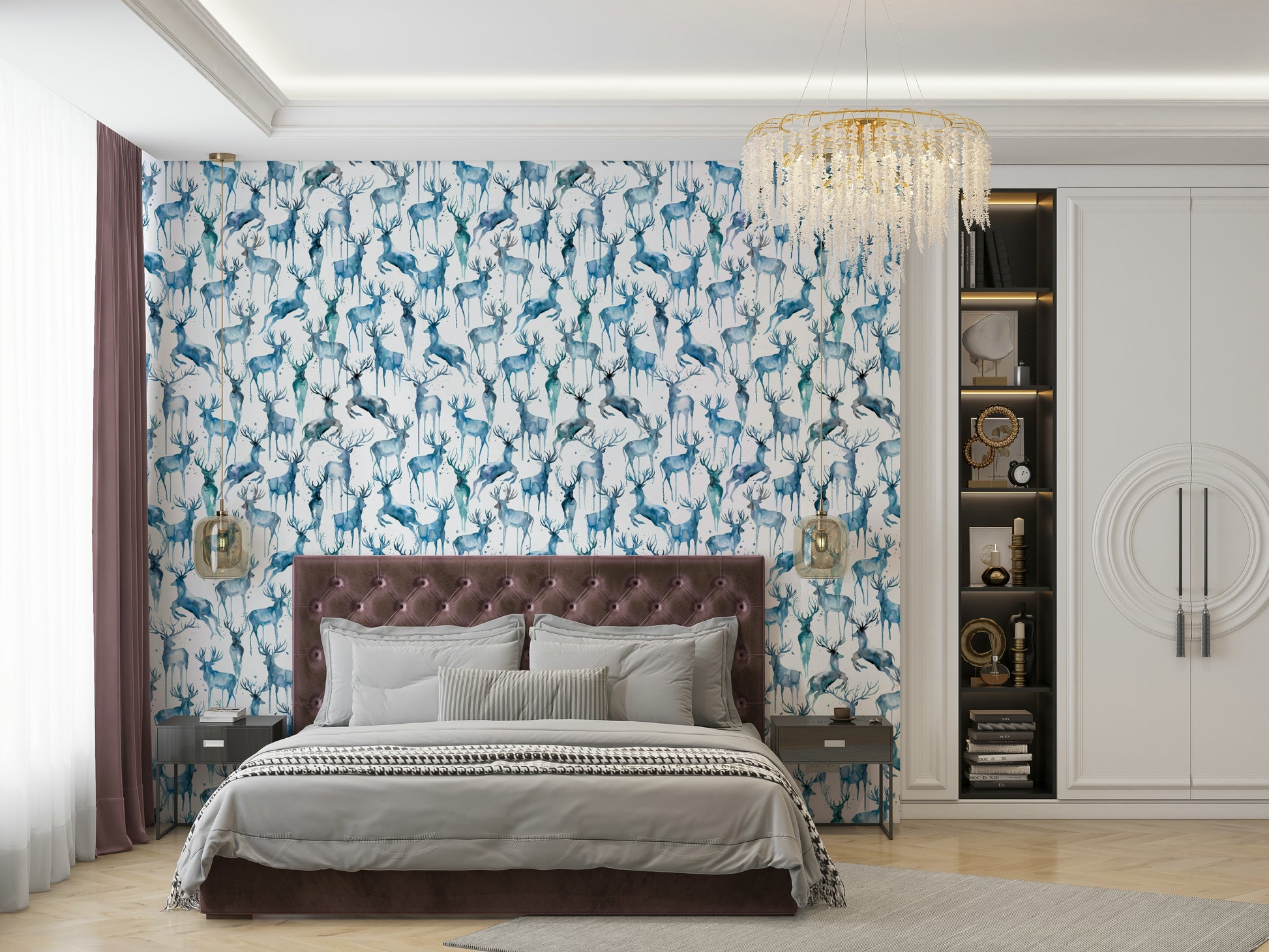 Snowy woodland wall covering with graceful stags for an apartment dining area.