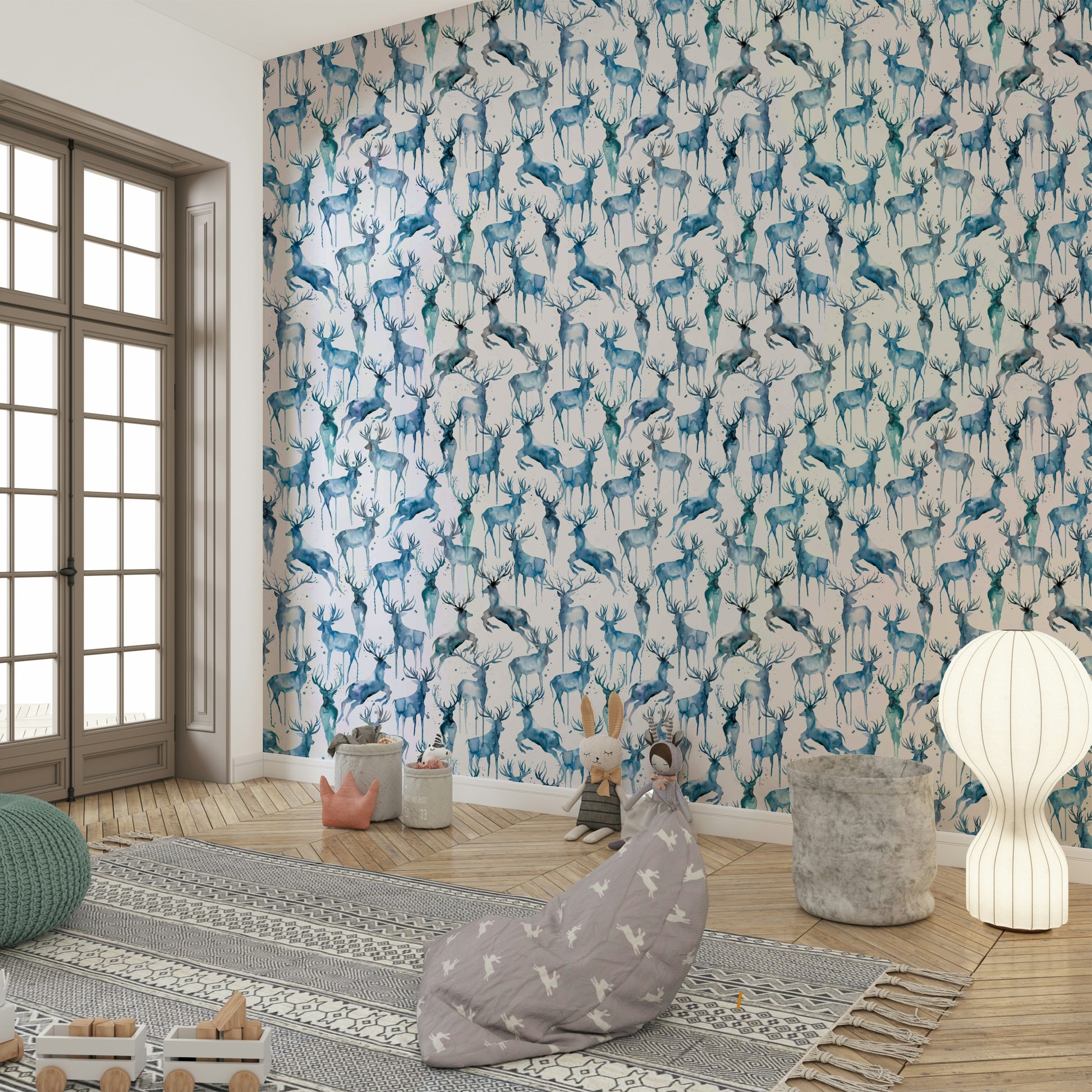 Cool blue nature inspired mural with artistic deer illustrations in a home office.