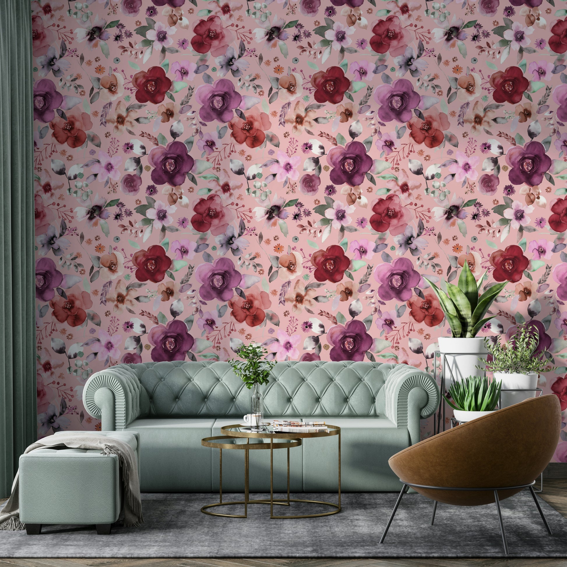 Artistic botanical mural with soft pink petals for a master suite.