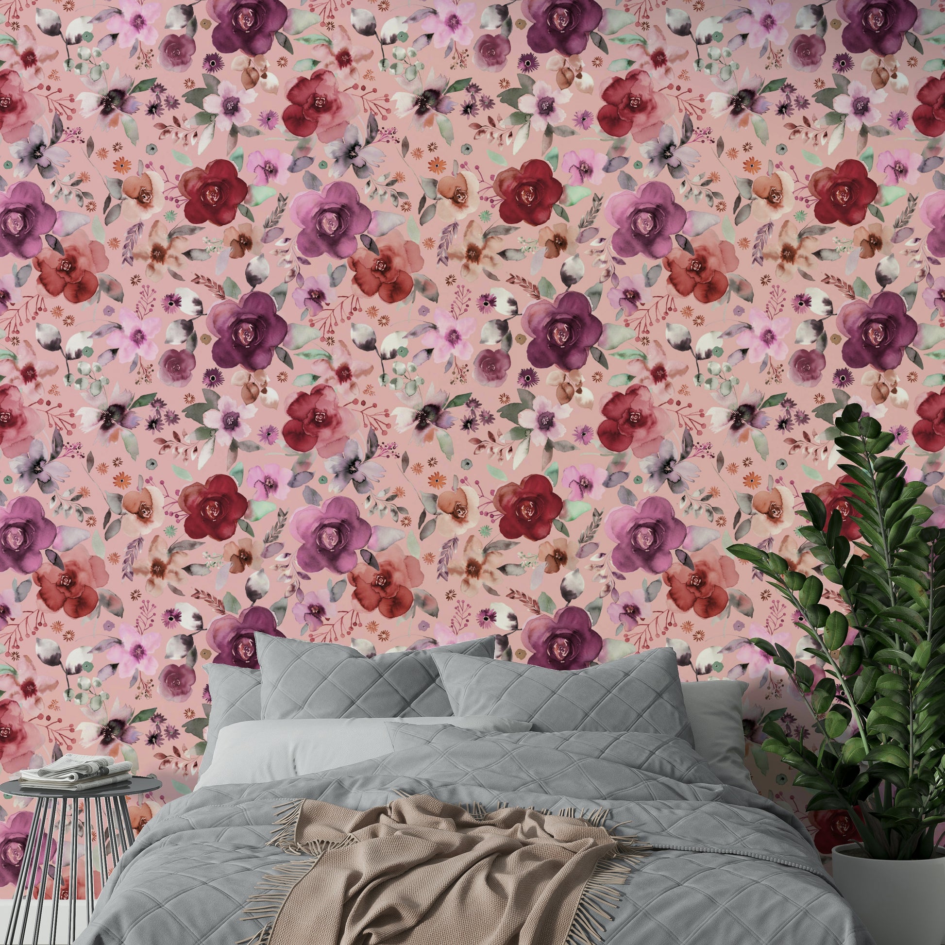 Wintery Bouquets Flowers Soft Pink Wallpaper used on a home office feature wall.