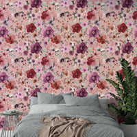 Wintery Bouquets Flowers Soft Pink Wallpaper used on a home office feature wall.
