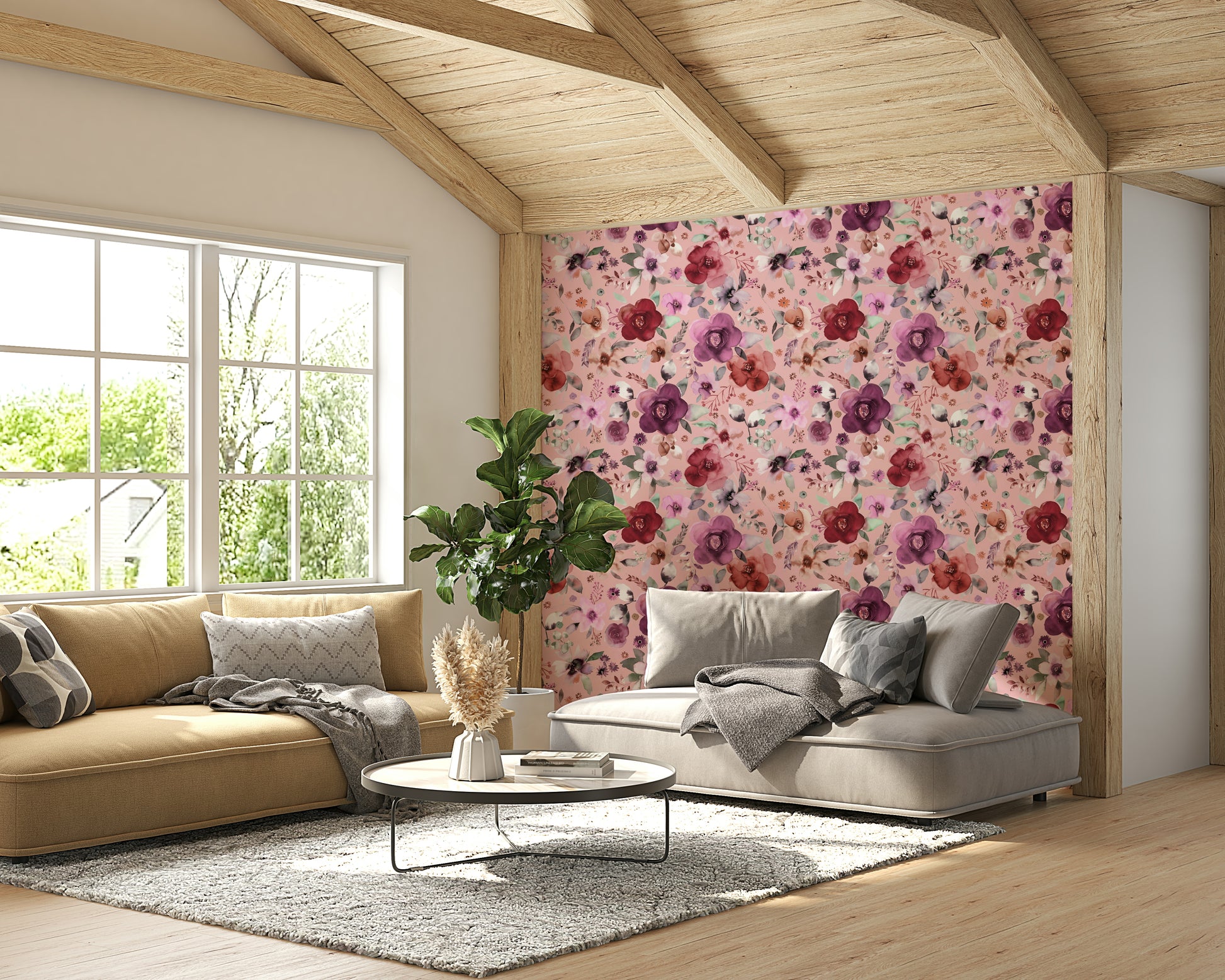 Floral wall mural featuring soft pink blossoms for a bright living room.