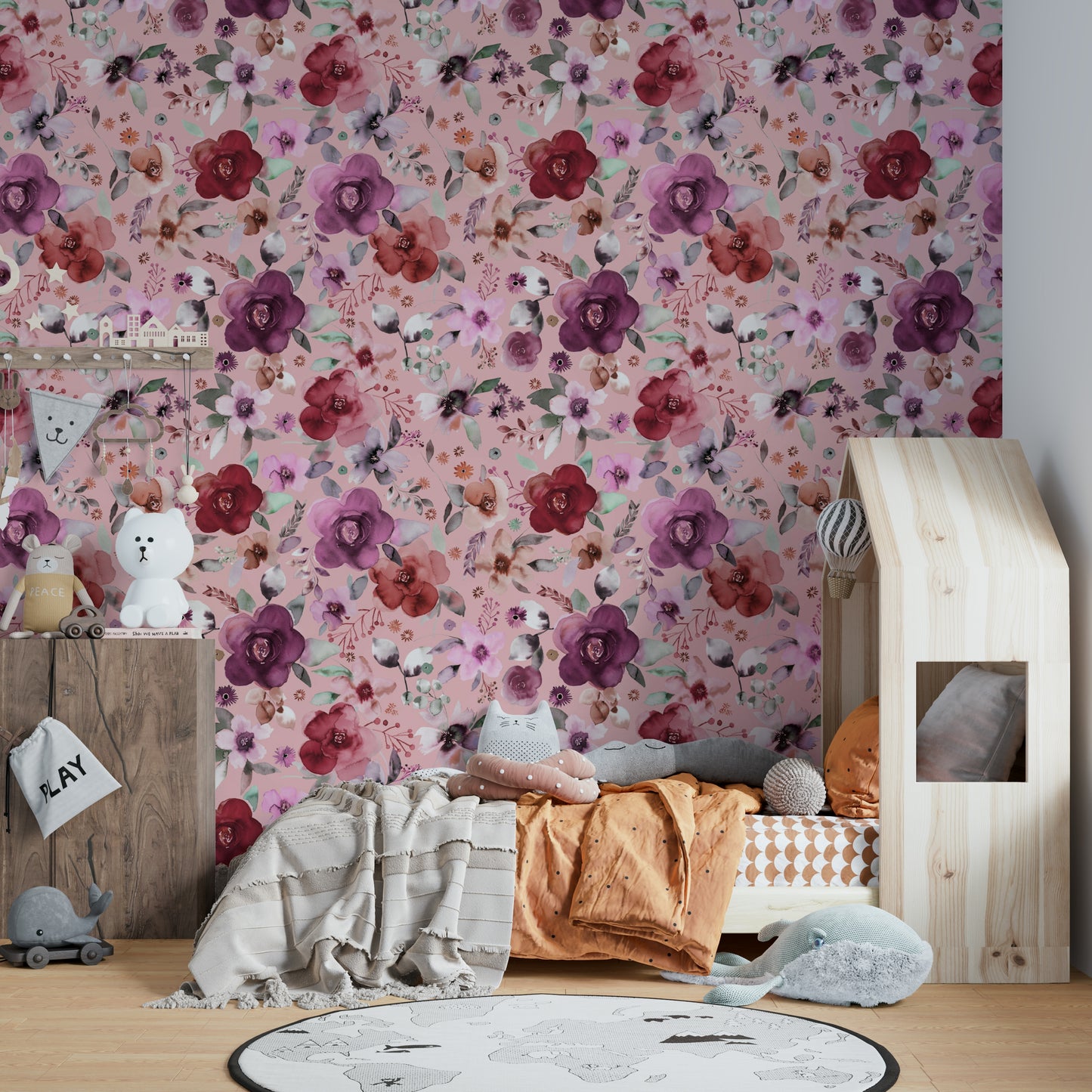 Modern floral pattern wallpaper with light pink tones for a vanity area.
