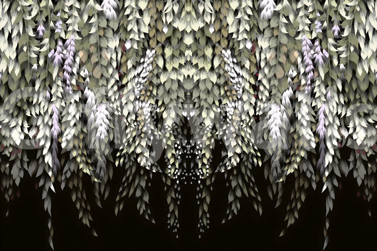 Watercolor-style wisteria cascade mural with layered leaves