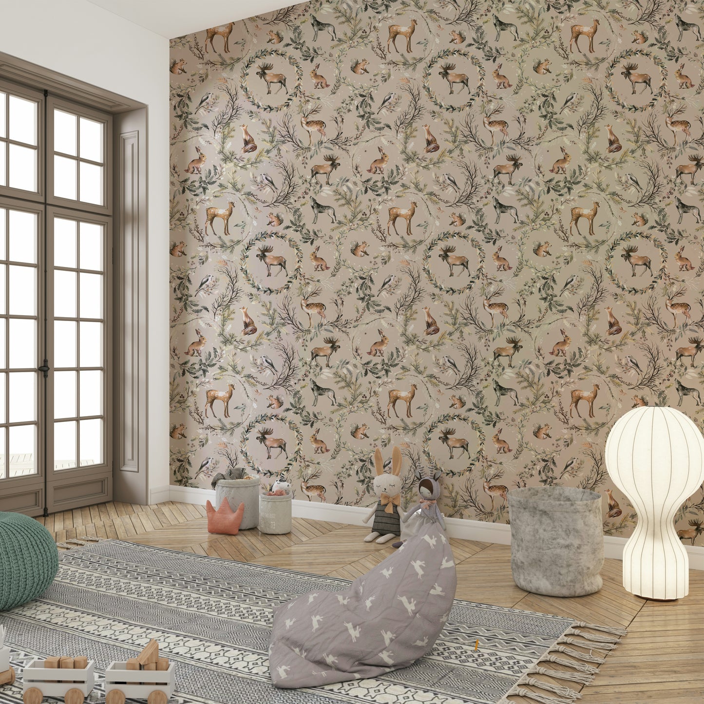 Artistic forest creatures in a misty woodland mural for a cosy bedroom.