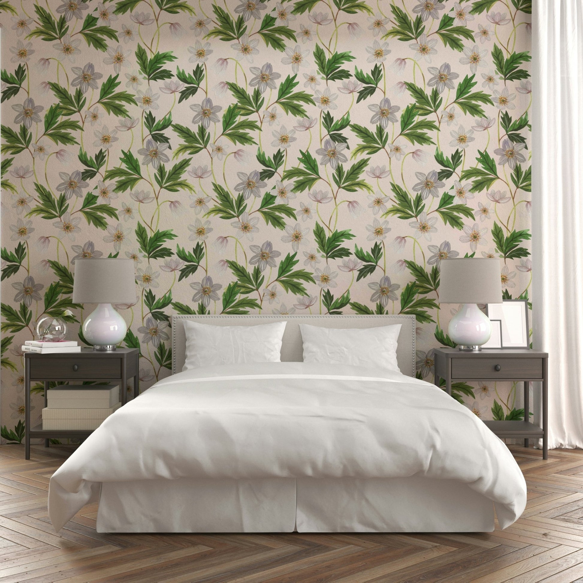 White wallpaper with subtle anemone floral design

