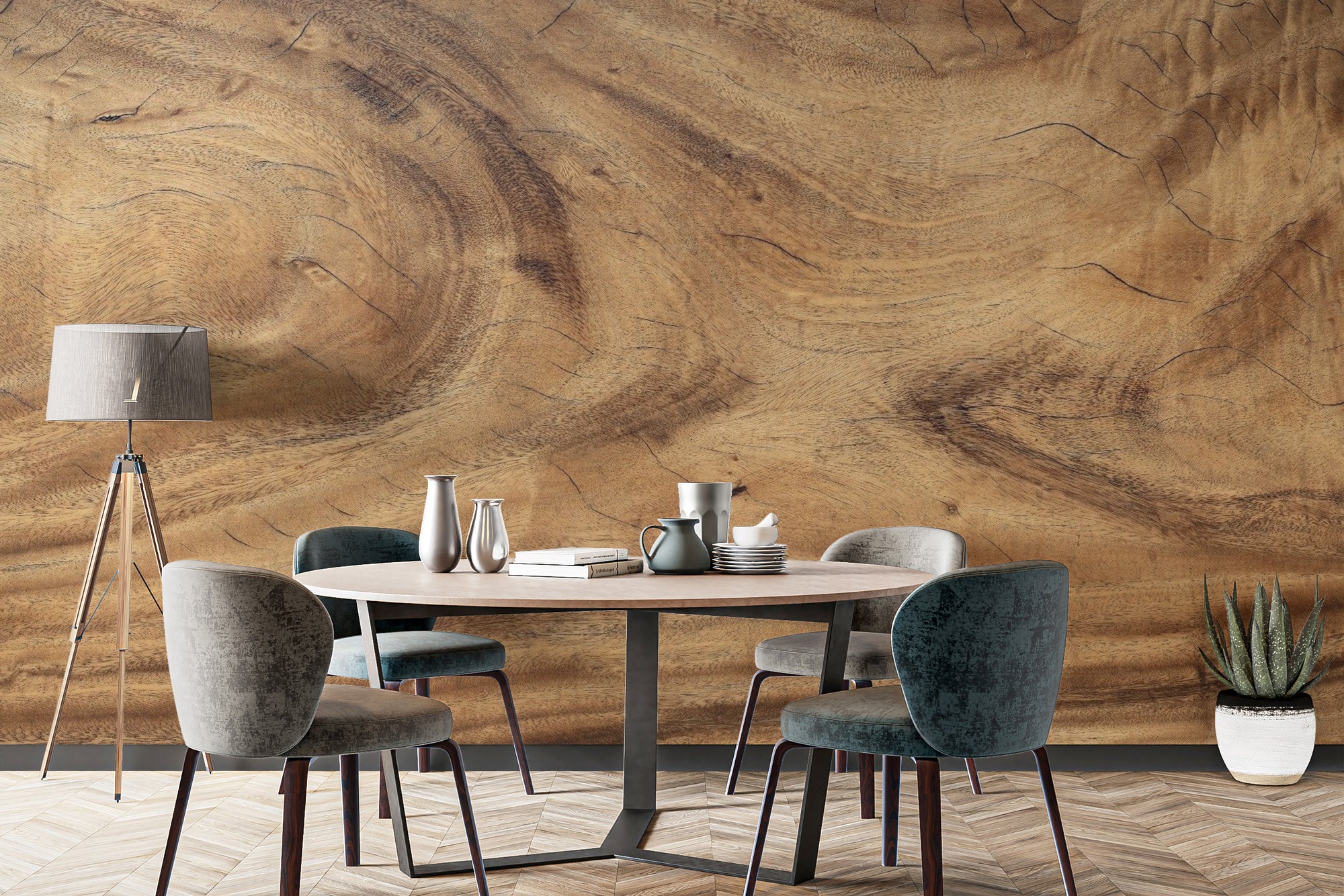 Rustic oak plank wallpaper mural for a cozy bedroom.