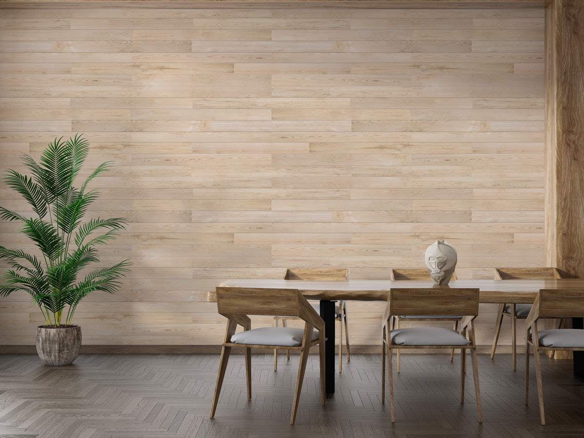 Wood Textures Oak Surface Removable wallpaper of light oak planks behind a wood dining table with grey chairs and a potted palm