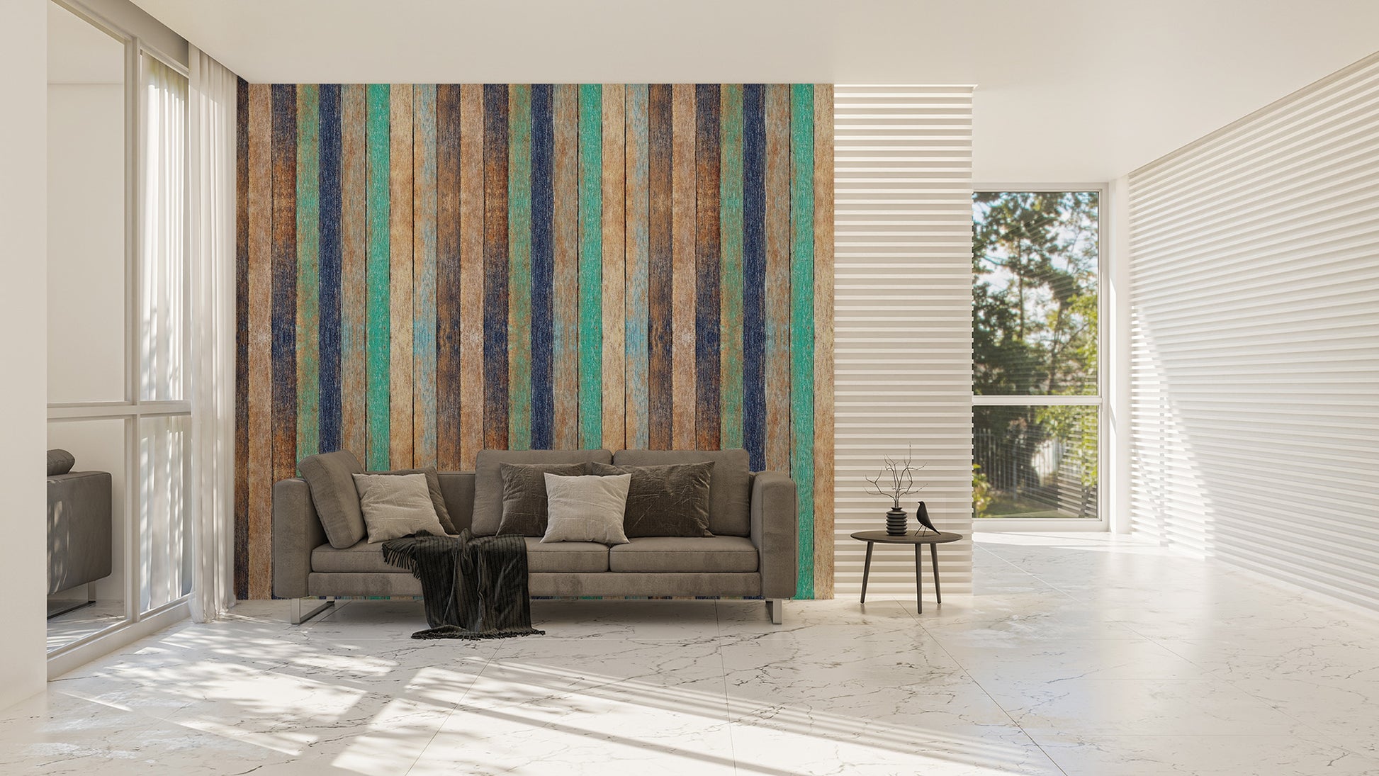 Striped wooden plank mural with earthy tones
