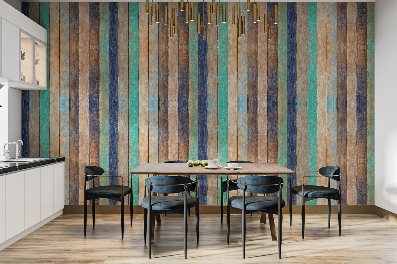 Vertical wooden planks dining area wallpaper with rustic hues
