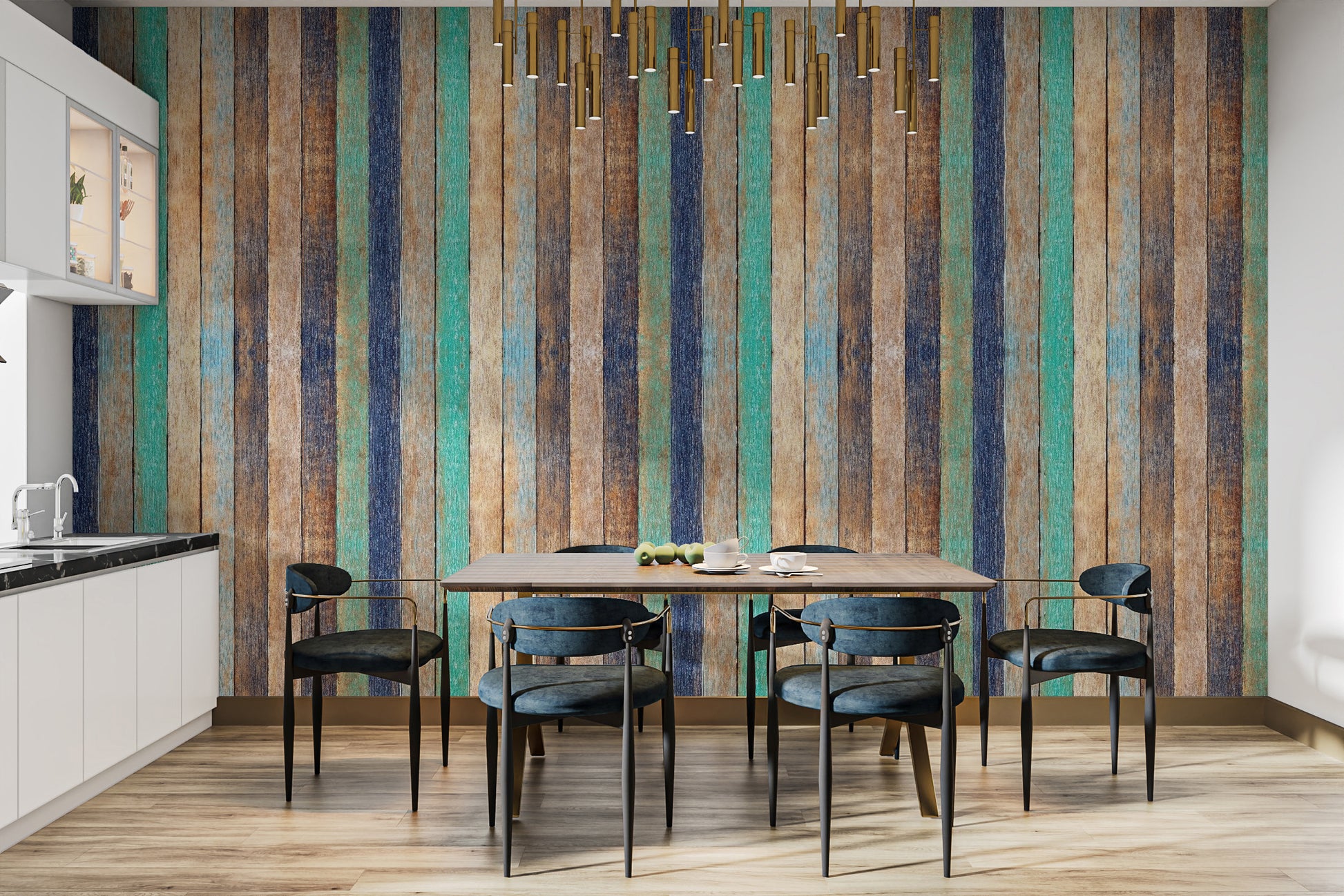 Vertical wooden planks dining area wallpaper with rustic hues
