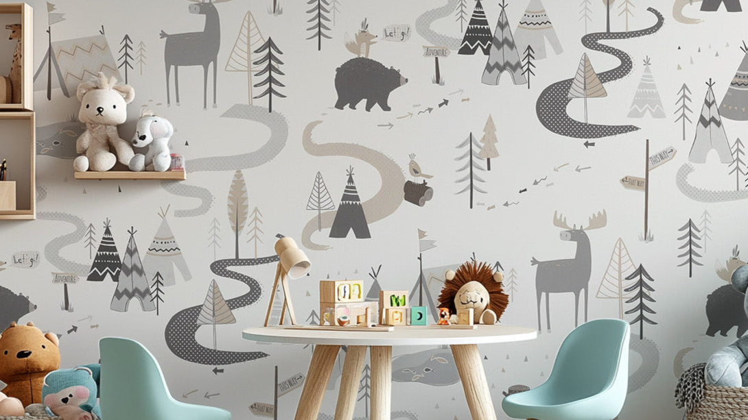 Playful woodland animal pattern wallpaper for children’s spaces.