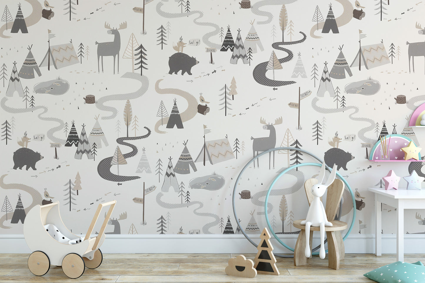 Colorful woodland animal adventure wallpaper for playful decor.