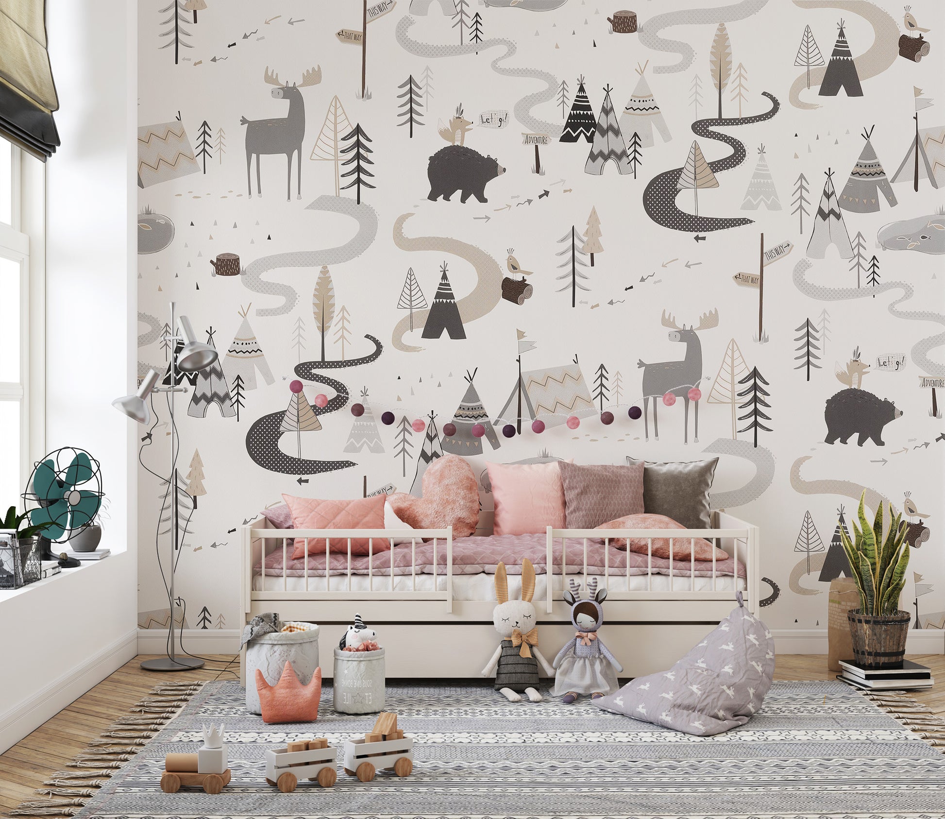 Magical woodland animal pattern wallpaper for nurseries.