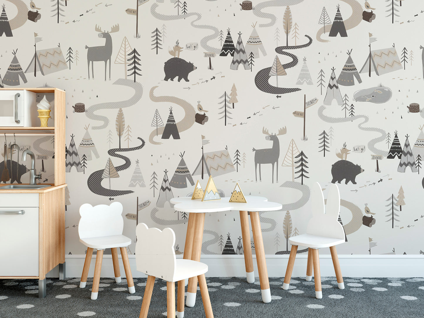 Charming animal pattern wallpaper for woodland-themed kids' decor.