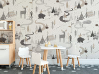 Charming animal pattern wallpaper for woodland-themed kids' decor.