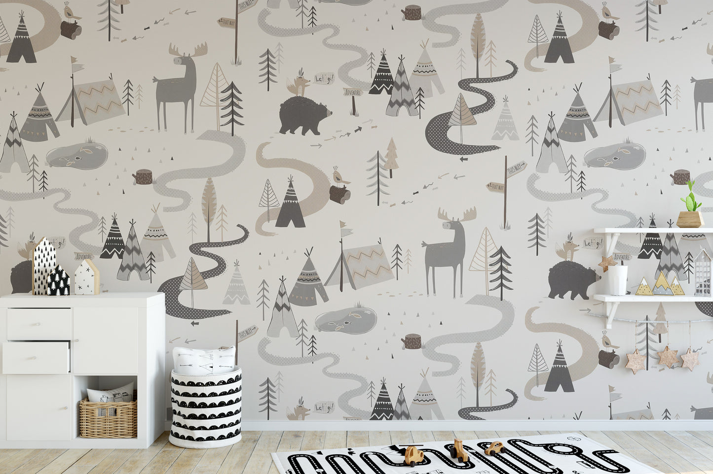 Cute woodland adventure wallpaper with animal patterns for kids.