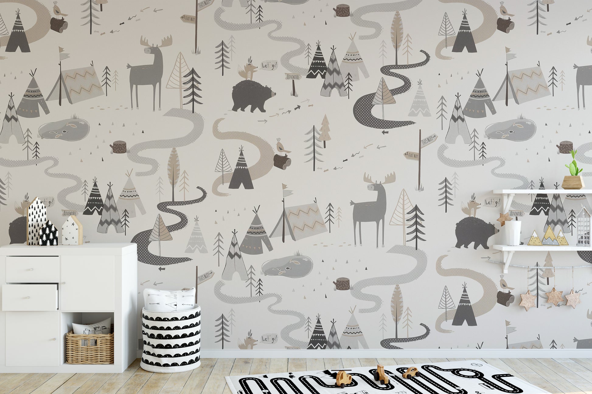 Cute woodland adventure wallpaper with animal patterns for kids.