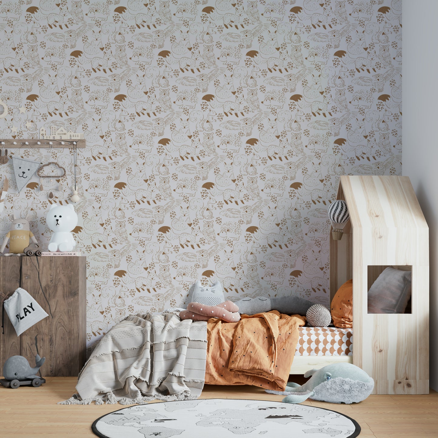 Brown forest animal print wallpaper for kids

